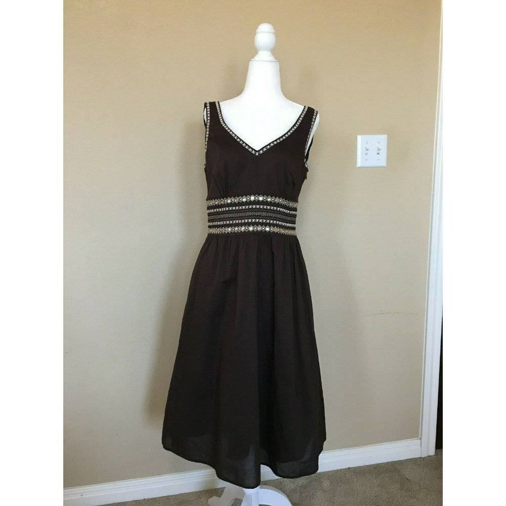 Loft Women Brown A-Line V-Neck Dress Floral Embroidery With Sequins Size: S